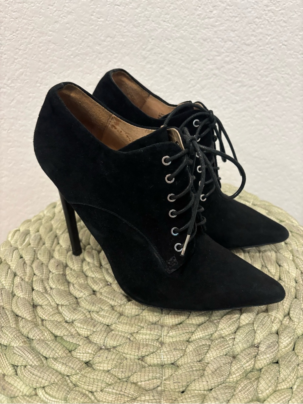 L.A.M.B. Black Suede Lace-Up Stiletto Point Toe Booties Size 8
